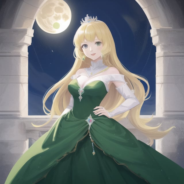 fullmoon solo girl wearing royal princess green gown gemston crown oh head wolf long hair blond 