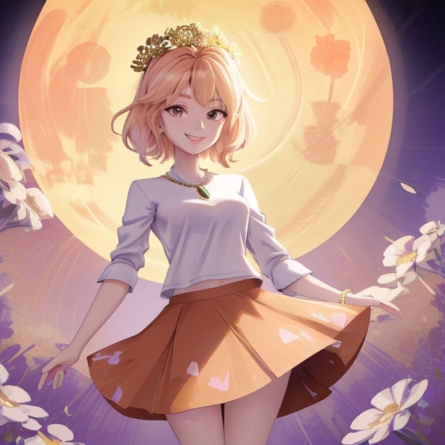 fullmoon solo girl wearing orange skirt with flowers on it white shirt golden jewelary smiling flower crown on head rainbow hairs 