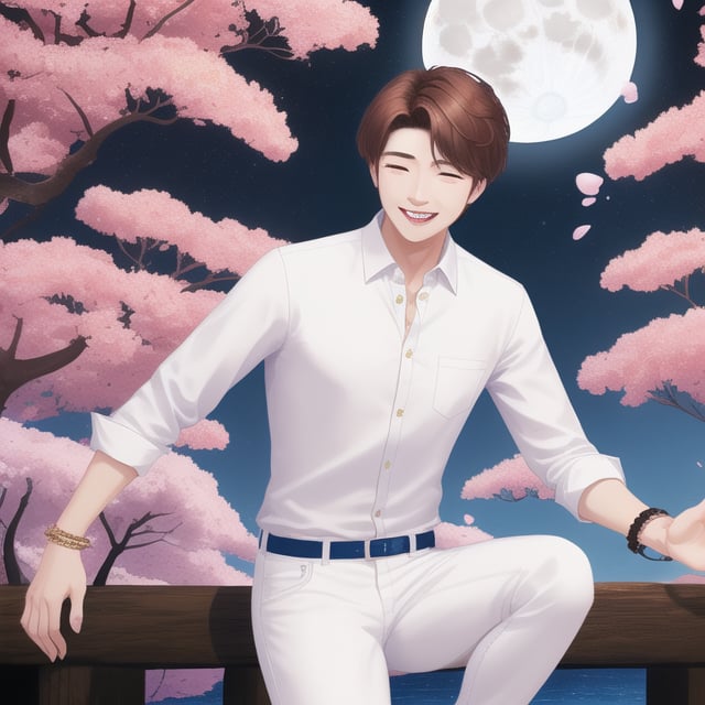 brown-hair  solo man cute smile white shirt navy blue pants full moon jewelary caslte blossom tree 