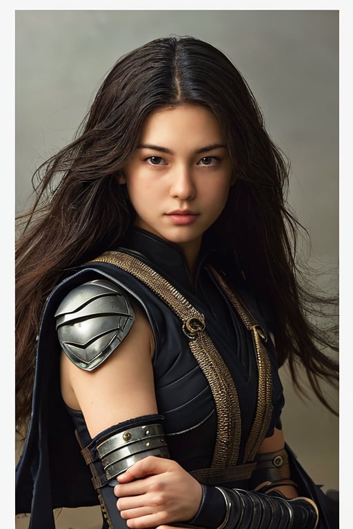 physically-based rendering, portrait, ultra-fine painting, extreme detail description, Akira Kurosawa's movie-style poster features a full-body shot of a 14-year-old European-Japanese girl, embodying the Shinobi of Japan's Warring States Period, An enigmatic female kunoichi, clad in ninja armor , This striking depiction, seemingly bursting with unspoken power, illustrates a fierce and formidable female warrior in the midst of battle. The image, likely a detailed painting, showcases the intensity of the female ninja's gaze and the intricate craftsmanship of his armor. Each intricately depicted detail mesmerizes the viewer, immersing them in the extraordinary skill and artistry captured in this remarkable 