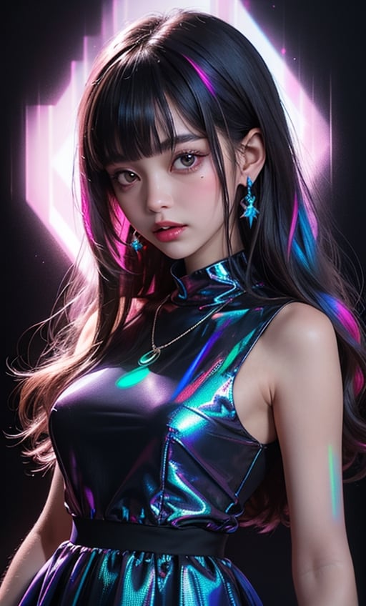 (masterpiece),(best quality), 

1girl, solo, long hair, looking at viewer, closed mouth, upper body, white hair, blunt bangs, lips, portrait, 

hologram skirt,portrait,(dress hologram:1.2), bioluminescent liquid