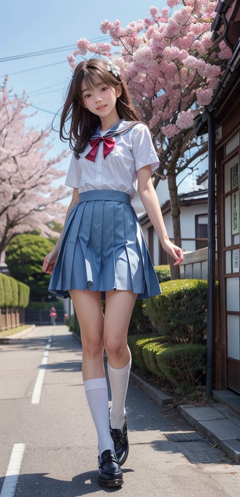 1 French-Japanese  girl, full body, small breasts, looking at viewer, blue eyes, brown hair, holding, standing, japanese serafuku uniform,white background,flower garden,blue and white school uniform,running, wind blown,portrait,AgoonGirl