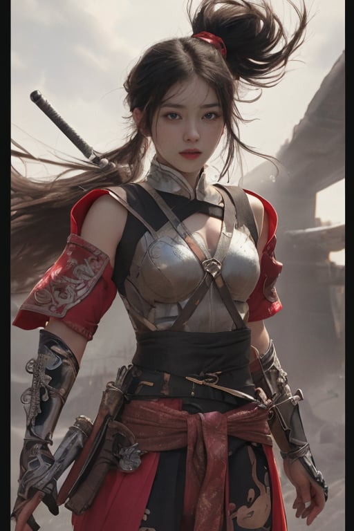 physically-based rendering, portrait, ultra-fine painting, extreme detail description, Akira Kurosawa's movie-style poster features a full-body shot of a super cute 18-year-old European-Japanese girl, embodying the Shinobi of Japan's Warring States Period, An enigmatic female kunoichi, clad in ninja armor , This striking depiction, seemingly bursting with unspoken power, illustrates a fierce and formidable female warrior in the midst of battle. The image, likely a detailed painting, showcases the intensity of the female ninja's gaze and the intricate craftsmanship of his armor. Each intricately depicted detail mesmerizes the viewer, immersing them in the extraordinary skill and artistry captured in this remarkable 