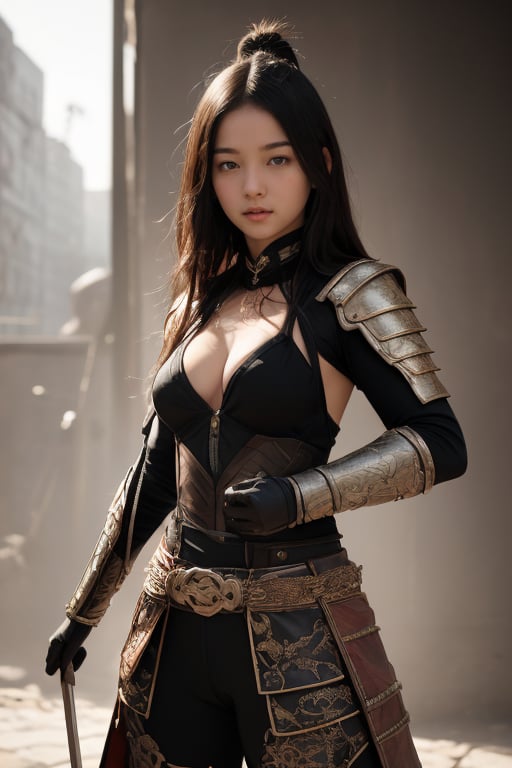 physically-based rendering, portrait, ultra-fine painting, extreme detail description, Akira Kurosawa's movie-style poster features a full-body shot of a super cute 18-year-old European-Japanese girl, embodying the Shinobi of Japan's Warring States Period, An enigmatic female kunoichi, clad in ninja armor , This striking depiction, seemingly bursting with unspoken power, illustrates a fierce and formidable female warrior in the midst of battle. The image, likely a detailed painting, showcases the intensity of the female ninja's gaze and the intricate craftsmanship of his armor. Each intricately depicted detail mesmerizes the viewer, immersing them in the extraordinary skill and artistry captured in this remarkable 