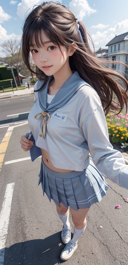 1 French-Japanese  girl, full body, small breasts, looking at viewer, blue eyes, brown hair, holding, standing, japanese serafuku uniform,white background,flower garden,blue and white school uniform,running, wind blown,portrait,AgoonGirl