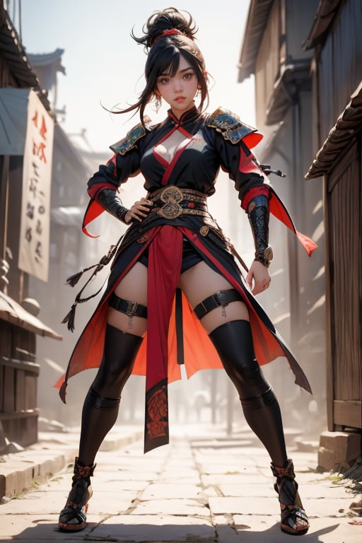 physically-based rendering, portrait, ultra-fine painting, extreme detail description, Akira Kurosawa's movie-style poster features a full-body shot of a super cute 18-year-old European-Japanese girl, embodying the Shinobi of Japan's Warring States Period, An enigmatic female kunoichi, clad in ninja armor , This striking depiction, seemingly bursting with unspoken power, illustrates a fierce and formidable female warrior in the midst of battle. The image, likely a detailed painting, showcases the intensity of the female ninja's gaze and the intricate craftsmanship of his armor. Each intricately depicted detail mesmerizes the viewer, immersing them in the extraordinary skill and artistry captured in this remarkable 