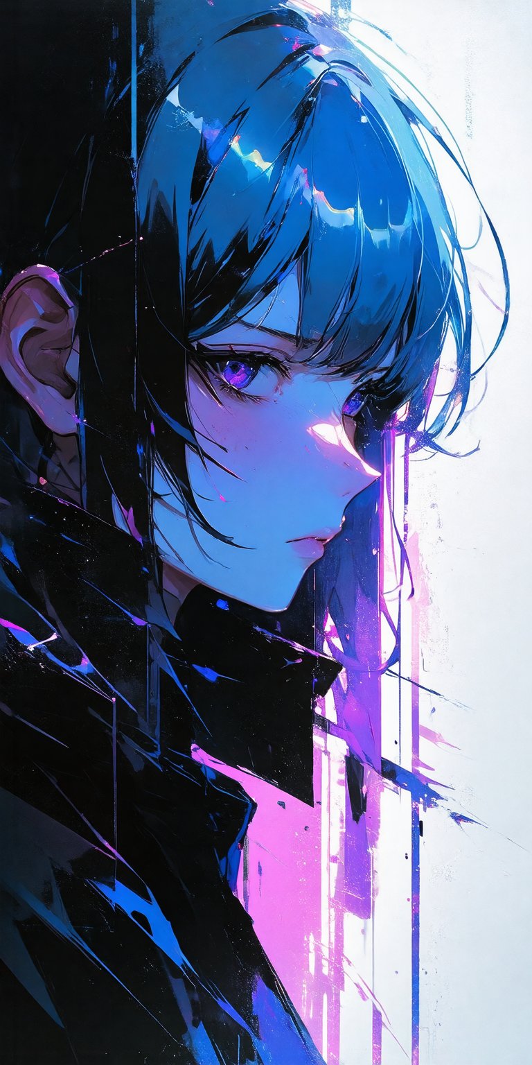 Create an intense,  evocative portrait in the Japanese retro anime style of the 80s and 90s. The scene features a feale ba...