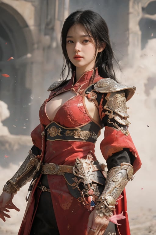 physically-based rendering, portrait, ultra-fine painting, extreme detail description, Akira Kurosawa's movie-style poster features a full-body shot of a super cute 18-year-old European-Japanese girl, embodying the Shinobi of Japan's Warring States Period, An enigmatic female kunoichi, clad in ninja armor , This striking depiction, seemingly bursting with unspoken power, illustrates a fierce and formidable female warrior in the midst of battle. The image, likely a detailed painting, showcases the intensity of the female ninja's gaze and the intricate craftsmanship of his armor. Each intricately depicted detail mesmerizes the viewer, immersing them in the extraordinary skill and artistry captured in this remarkable 