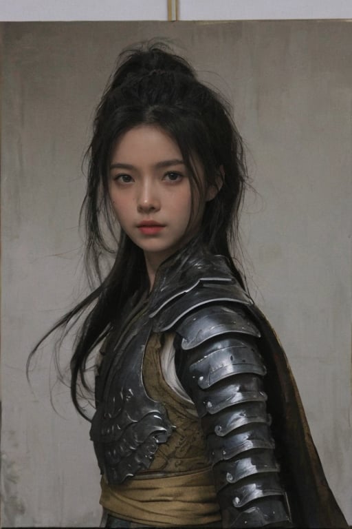 physically-based rendering, portrait, ultra-fine painting, extreme detail description, Akira Kurosawa's movie-style poster features a full-body shot of a 18-year-old European-Japanese girl, embodying the Shinobi of Japan's Warring States Period, An enigmatic female kunoichi, clad in ninja armor , This striking depiction, seemingly bursting with unspoken power, illustrates a fierce and formidable female warrior in the midst of battle. The image, likely a detailed painting, showcases the intensity of the female ninja's gaze and the intricate craftsmanship of his armor. Each intricately depicted detail mesmerizes the viewer, immersing them in the extraordinary skill and artistry captured in this remarkable 