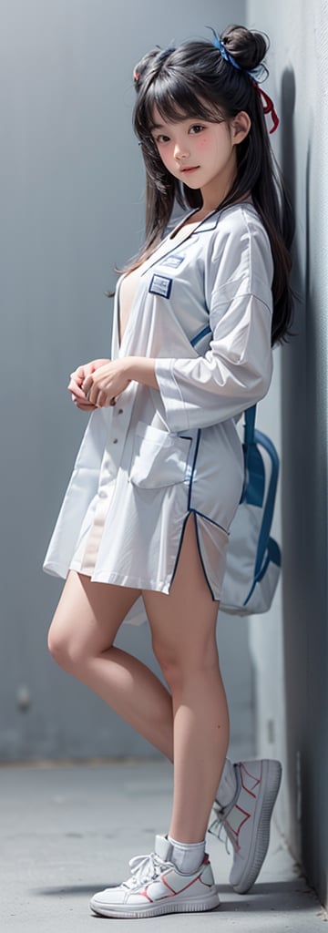 1girl,solo, full body, long hair, glasses, ((white lab gown)), looking at viewer, blue background, black hair, standing, simple background, two side up, blue eyes, lips, closed mouth, red ribbon, hair ribbon, bangs, sneakers, parted bangs, buns, nose, Haerin_NJ