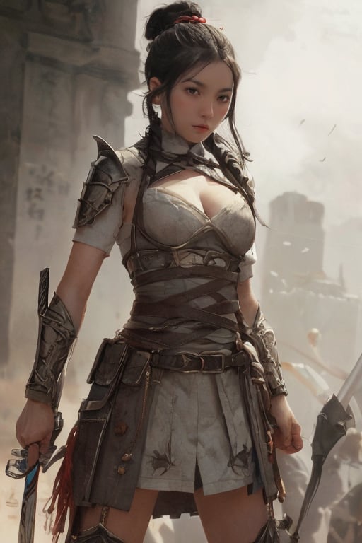 physically-based rendering, portrait, ultra-fine painting, extreme detail description, Akira Kurosawa's movie-style poster features a full-body shot of a super cute 18-year-old European-Japanese girl, embodying the Shinobi of Japan's Warring States Period, An enigmatic female kunoichi, clad in ninja armor , This striking depiction, seemingly bursting with unspoken power, illustrates a fierce and formidable female warrior in the midst of battle. The image, likely a detailed painting, showcases the intensity of the female ninja's gaze and the intricate craftsmanship of his armor. Each intricately depicted detail mesmerizes the viewer, immersing them in the extraordinary skill and artistry captured in this remarkable 