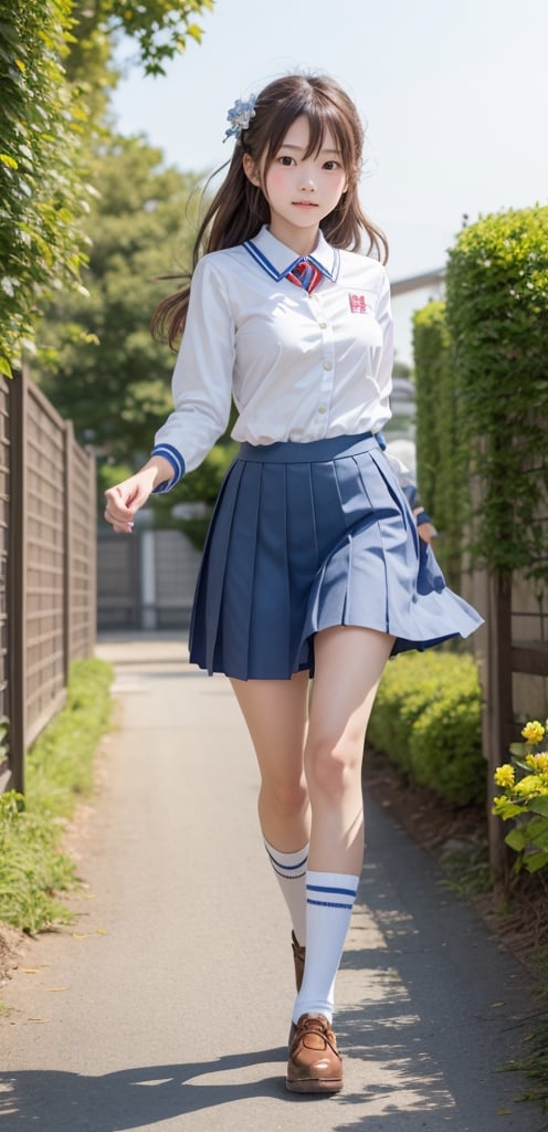 1 French-Japanese  girl, full body, small breasts, looking at viewer, blue eyes, brown hair, holding, standing, japanese serafuku uniform,white background,flower garden,blue and white school uniform,running, wind blown,portrait,AgoonGirl