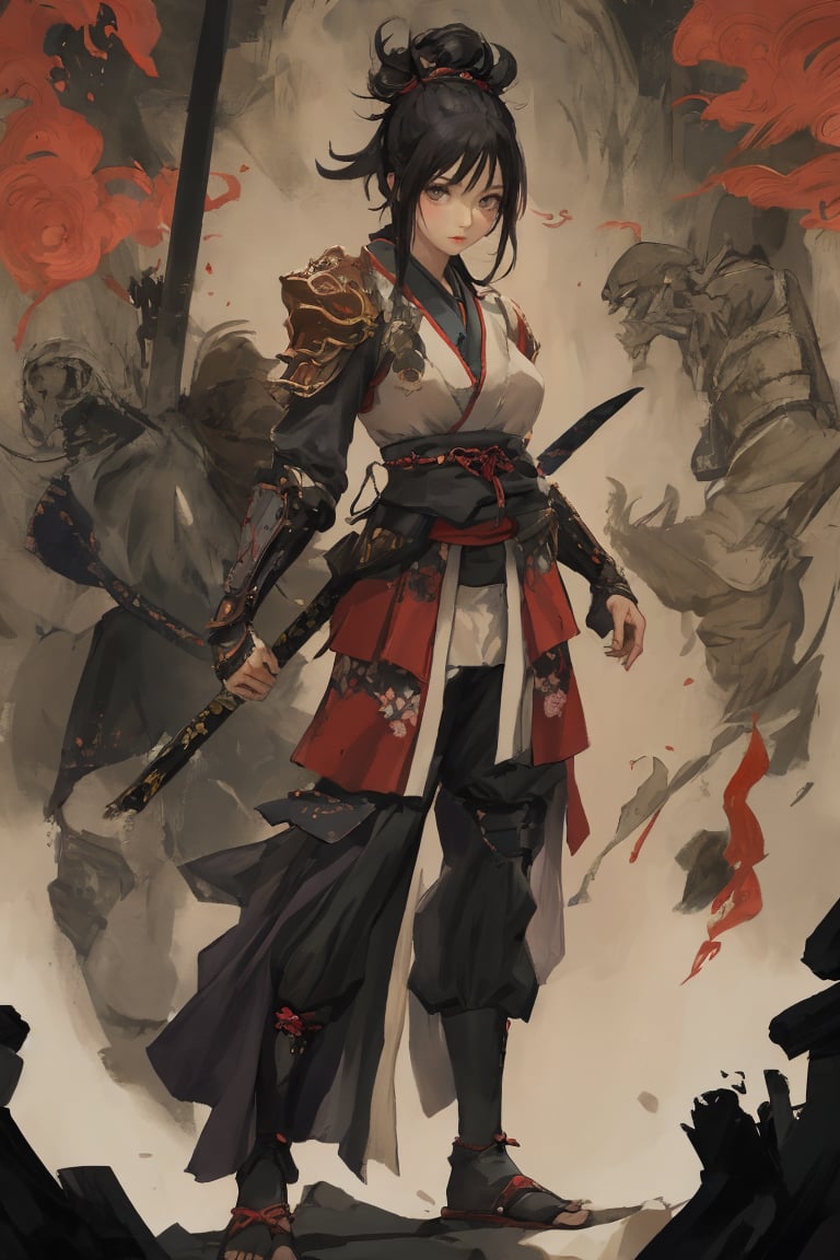 physically-based rendering, portrait, ultra-fine painting, extreme detail description, Akira Kurosawa's movie-style poster features a full-body shot of a 18-year-old European-Japanese girl, embodying the Shinobi of Japan's Warring States Period, An enigmatic female kunoichi, clad in ninja armor , This striking depiction, seemingly bursting with unspoken power, illustrates a fierce and formidable female warrior in the midst of battle. The image, likely a detailed painting, showcases the intensity of the female ninja's gaze and the intricate craftsmanship of his armor. Each intricately depicted detail mesmerizes the viewer, immersing them in the extraordinary skill and artistry captured in this remarkable,Ancient costume