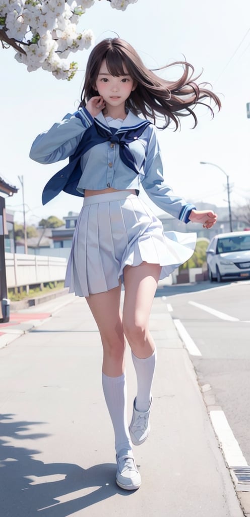 1 French-Japanese  girl, full body, small breasts, looking at viewer, blue eyes, brown hair, holding, standing, japanese serafuku uniform,white background,flower garden,blue and white school uniform,running, wind blown,portrait,AgoonGirl