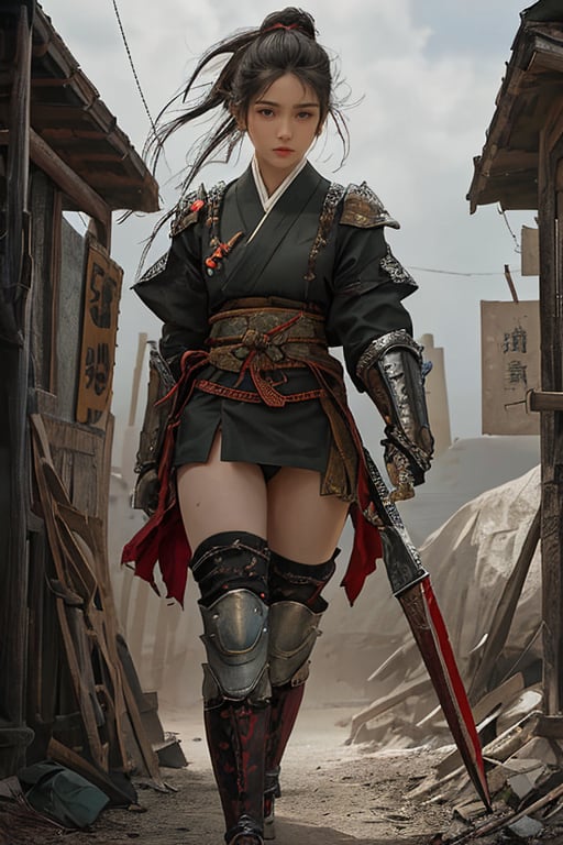 physically-based rendering, portrait, ultra-fine painting, extreme detail description, Akira Kurosawa's movie-style poster features a full-body shot of a 18-year-old European-Japanese girl, embodying the Shinobi of Japan's Warring States Period, An enigmatic female kunoichi, clad in ninja armor , This striking depiction, seemingly bursting with unspoken power, illustrates a fierce and formidable female warrior in the midst of battle. The image, likely a detailed painting, showcases the intensity of the female ninja's gaze and the intricate craftsmanship of his armor. Each intricately depicted detail mesmerizes the viewer, immersing them in the extraordinary skill and artistry captured in this remarkable 