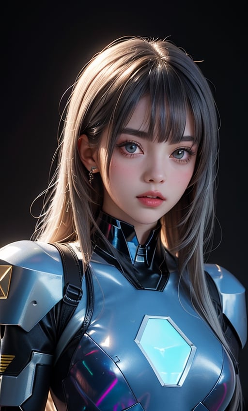 (masterpiece),(best quality), 

1girl, solo, long hair, looking at viewer, closed mouth, upper body, white hair, blunt bangs, lips, portrait, 

hologram mecha suit,portrait,(dress hologram:1.2), bioluminescent liquid,retroartstyle