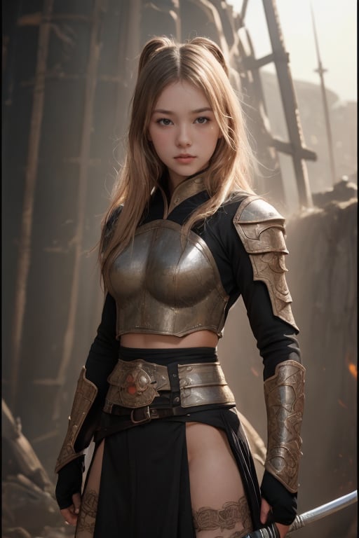 physically-based rendering, portrait, ultra-fine painting, extreme detail description, Akira Kurosawa's movie-style poster features a full-body shot of a super cute 18-year-old European-Japanese girl, embodying the Shinobi of Japan's Warring States Period, An enigmatic female kunoichi, clad in ninja armor , This striking depiction, seemingly bursting with unspoken power, illustrates a fierce and formidable female warrior in the midst of battle. The image, likely a detailed painting, showcases the intensity of the female ninja's gaze and the intricate craftsmanship of his armor. Each intricately depicted detail mesmerizes the viewer, immersing them in the extraordinary skill and artistry captured in this remarkable 