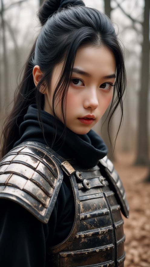 physically-based rendering, portrait, ultra-fine painting, extreme detail description, Akira Kurosawa's movie-style poster features a full-body shot of a super cute 18-year-old European-Japanese girl, embodying the Shinobi of Japan's Warring States Period, An enigmatic female kunoichi, clad in ninja armor , This striking depiction, seemingly bursting with unspoken power, illustrates a fierce and formidable female warrior in the midst of battle. The image, likely a detailed painting, showcases the intensity of the female ninja's gaze and the intricate craftsmanship of his armor. Each intricately depicted detail mesmerizes the viewer, immersing them in the extraordinary skill and artistry captured in this remarkable 