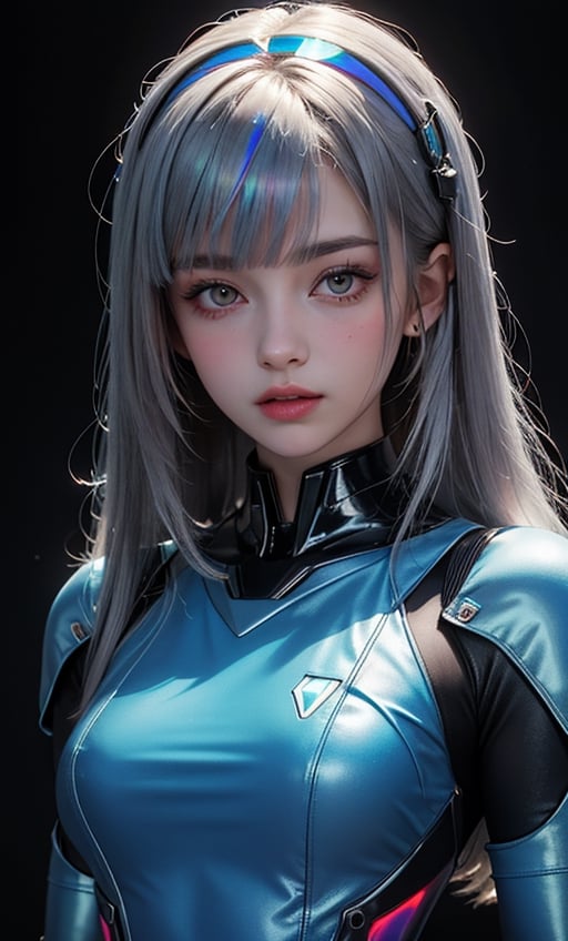 (masterpiece),(best quality), 

1girl, solo, long hair, looking at viewer, closed mouth, upper body, white hair, blunt bangs, lips, portrait, 

hologram mecha suit,portrait,(dress hologram:1.2), bioluminescent liquid,retroartstyle