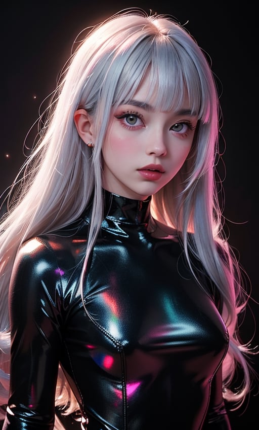 (masterpiece),(best quality), 

1girl, solo, long hair, looking at viewer, closed mouth, upper body, white hair, blunt bangs, lips, portrait, 

hologram bodysuit,portrait,(dress hologram:1.2), bioluminescent liquid,retroartstyle