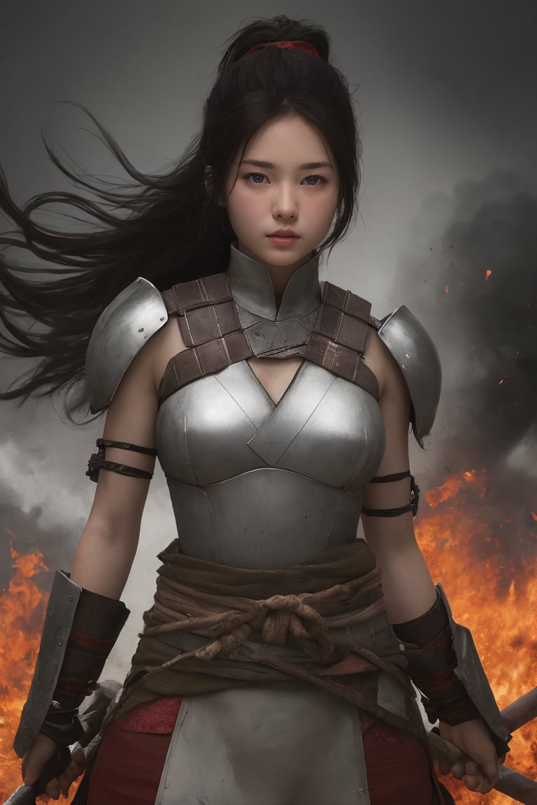 physically-based rendering, portrait, ultra-fine painting, extreme detail description, Akira Kurosawa's movie-style poster features a full-body shot of a 18-year-old girl, embodying the Shinobi of Japan's Warring States Period, An enigmatic female kunoichi, clad in ninja armor , This striking depiction, seemingly bursting with unspoken power, illustrates a fierce and formidable female warrior in the midst of battle. The image, likely a detailed painting, showcases the intensity of the female ninja's gaze and the intricate craftsmanship of his armor. Each intricately depicted detail mesmerizes the viewer, immersing them in the extraordinary skill and artistry captured in this remarkable 