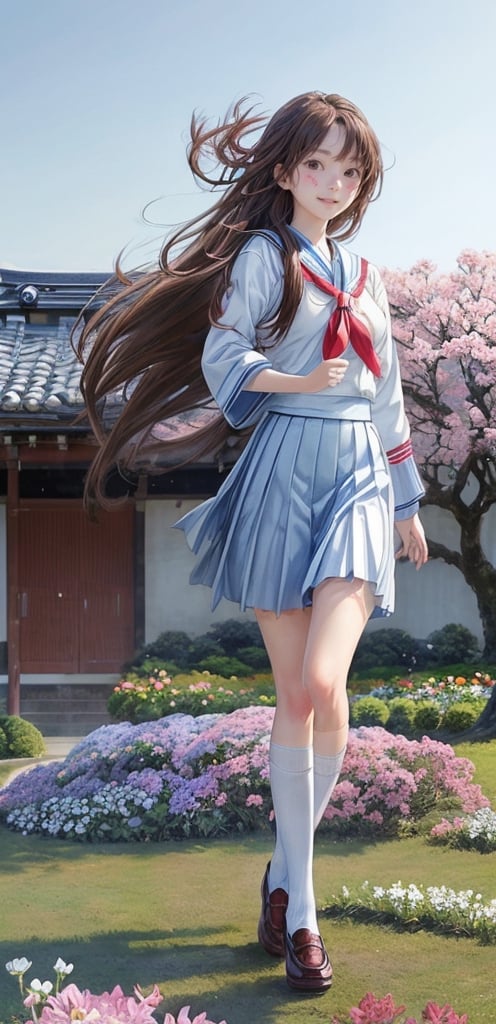 1 French-Japanese  girl, full body, small breasts, looking at viewer, blue eyes, brown hair, holding, standing, japanese serafuku uniform,white background,flower garden,blue and white school uniform,running, wind blown,portrait,AgoonGirl