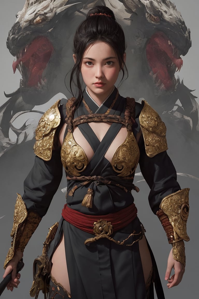 physically-based rendering, portrait, ultra-fine painting, extreme detail description, Akira Kurosawa's movie-style poster features a full-body shot of a 18-year-old European-Japanese girl, embodying the Shinobi of Japan's Warring States Period, An enigmatic female kunoichi, clad in ninja armor , This striking depiction, seemingly bursting with unspoken power, illustrates a fierce and formidable female warrior in the midst of battle. The image, likely a detailed painting, showcases the intensity of the female ninja's gaze and the intricate craftsmanship of his armor. Each intricately depicted detail mesmerizes the viewer, immersing them in the extraordinary skill and artistry captured in this remarkable,Ancient costume