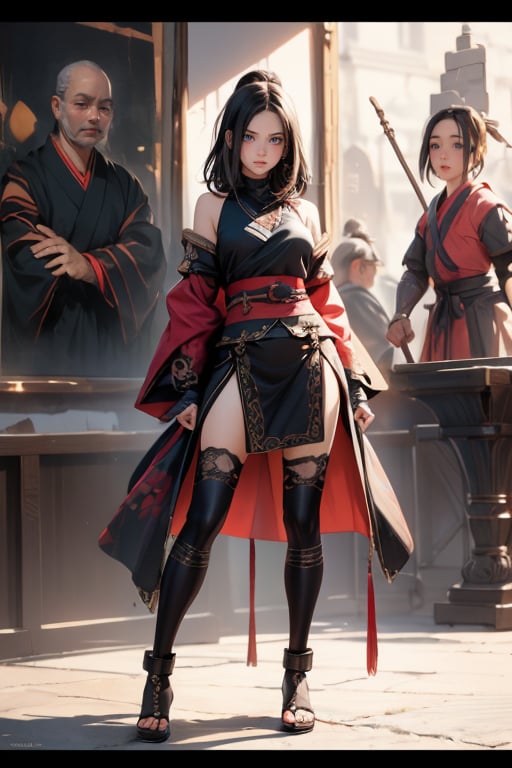 physically-based rendering, portrait, ultra-fine painting, extreme detail description, Akira Kurosawa's movie-style poster features a full-body shot of a super cute 18-year-old European-Japanese girl, embodying the Shinobi of Japan's Warring States Period, An enigmatic female kunoichi, clad in ninja armor , This striking depiction, seemingly bursting with unspoken power, illustrates a fierce and formidable female warrior in the midst of battle. The image, likely a detailed painting, showcases the intensity of the female ninja's gaze and the intricate craftsmanship of his armor. Each intricately depicted detail mesmerizes the viewer, immersing them in the extraordinary skill and artistry captured in this remarkable 