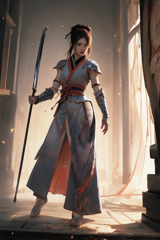 physically-based rendering, portrait, ultra-fine painting, extreme detail description, Akira Kurosawa's movie-style poster features a full-body shot of a super cute 18-year-old European-Japanese girl, embodying the Shinobi of Japan's Warring States Period, An enigmatic female kunoichi, clad in ninja armor , This striking depiction, seemingly bursting with unspoken power, illustrates a fierce and formidable female warrior in the midst of battle. The image, likely a detailed painting, showcases the intensity of the female ninja's gaze and the intricate craftsmanship of his armor. Each intricately depicted detail mesmerizes the viewer, immersing them in the extraordinary skill and artistry captured in this remarkable 