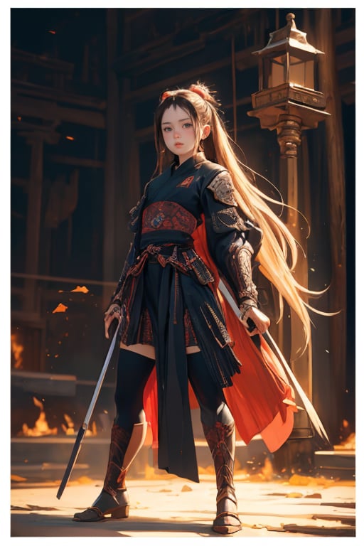 physically-based rendering, portrait, ultra-fine painting, extreme detail description, Akira Kurosawa's movie-style poster features a full-body shot of a super cute 18-year-old European-Japanese girl, embodying the Shinobi of Japan's Warring States Period, An enigmatic female kunoichi, clad in ninja armor , This striking depiction, seemingly bursting with unspoken power, illustrates a fierce and formidable female warrior in the midst of battle. The image, likely a detailed painting, showcases the intensity of the female ninja's gaze and the intricate craftsmanship of his armor. Each intricately depicted detail mesmerizes the viewer, immersing them in the extraordinary skill and artistry captured in this remarkable 