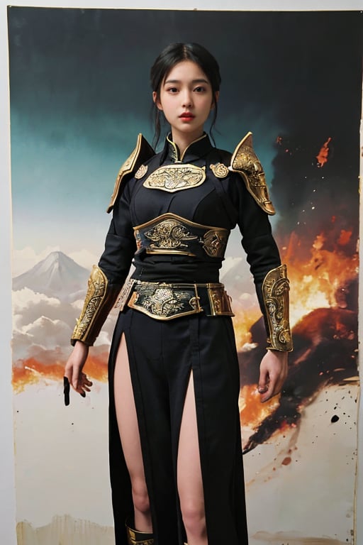 physically-based rendering, portrait, ultra-fine painting, extreme detail description, Akira Kurosawa's movie-style poster features a full-body shot of a 18-year-old European-Japanese girl, embodying the Shinobi of Japan's Warring States Period, An enigmatic female kunoichi, clad in ninja armor , This striking depiction, seemingly bursting with unspoken power, illustrates a fierce and formidable female warrior in the midst of battle. The image, likely a detailed painting, showcases the intensity of the female ninja's gaze and the intricate craftsmanship of his armor. Each intricately depicted detail mesmerizes the viewer, immersing them in the extraordinary skill and artistry captured in this remarkable 