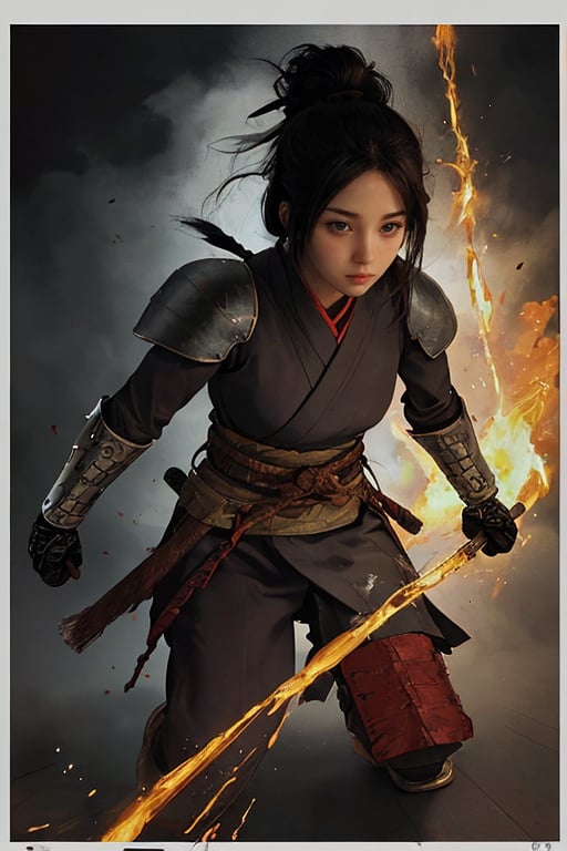 physically-based rendering, portrait, ultra-fine painting, extreme detail description, Akira Kurosawa's movie-style poster features a full-body shot of a 18-year-old European-Japanese girl, embodying the Shinobi of Japan's Warring States Period, An enigmatic female kunoichi, clad in ninja armor , This striking depiction, seemingly bursting with unspoken power, illustrates a fierce and formidable female warrior in the midst of battle. The image, likely a detailed painting, showcases the intensity of the female ninja's gaze and the intricate craftsmanship of his armor. Each intricately depicted detail mesmerizes the viewer, immersing them in the extraordinary skill and artistry captured in this remarkable 