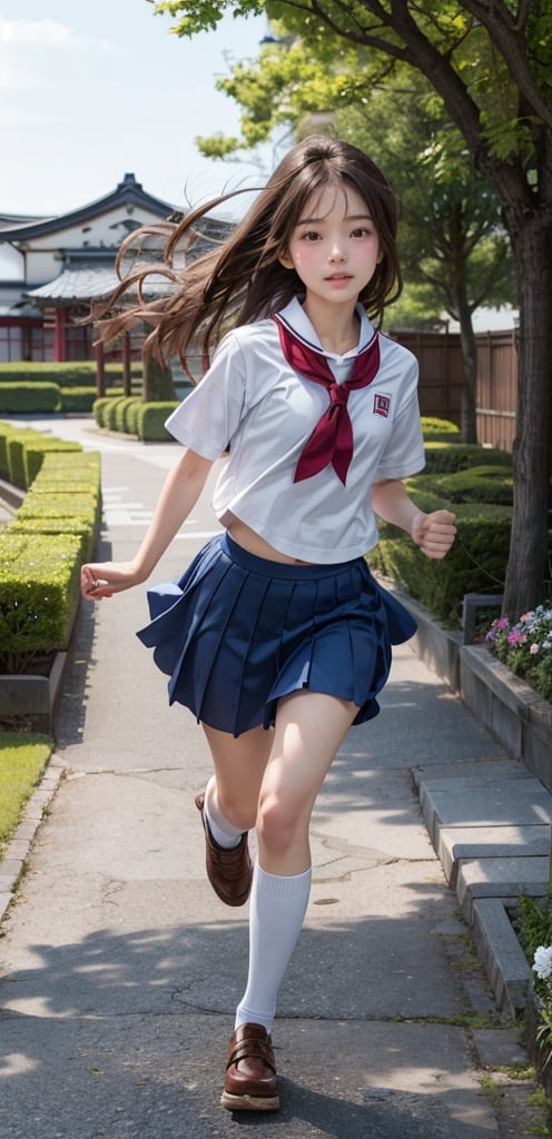 1 French-Japanese  girl, full body, small breasts, looking at viewer, blue eyes, brown hair, holding, standing, japanese serafuku uniform,white background,flower garden,blue and white school uniform,running, wind blown,portrait,AgoonGirl