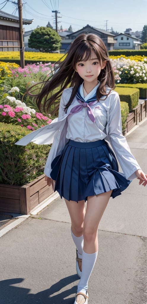 1 French-Japanese  girl, full body, small breasts, looking at viewer, blue eyes, brown hair, holding, standing, japanese serafuku uniform,white background,flower garden,blue and white school uniform,running, wind blown,portrait,AgoonGirl