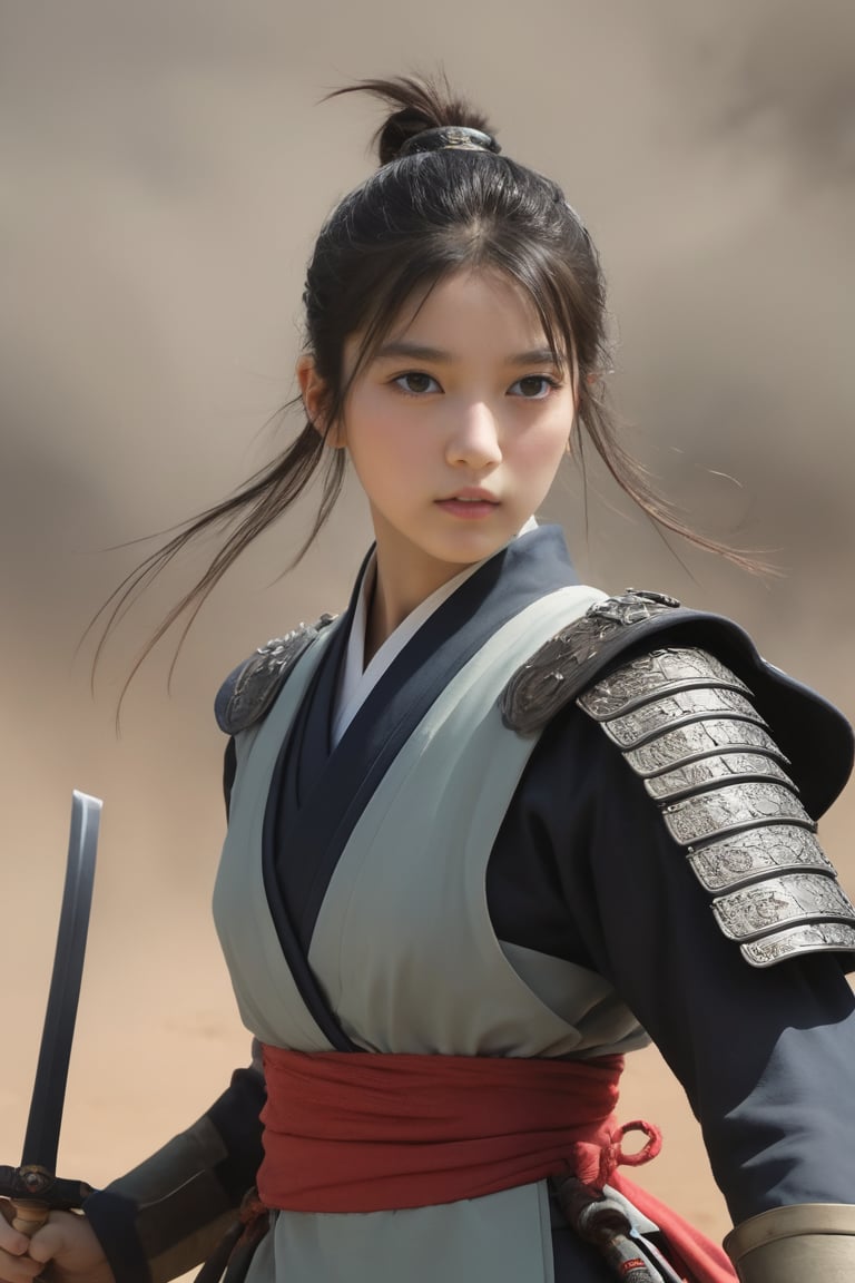 physically-based rendering, portrait, ultra-fine painting, extreme detail description, Akira Kurosawa's movie-style poster features a full-body shot of a 18-year-old European-Japanese girl, embodying the Shinobi of Japan's Warring States Period, An enigmatic female kunoichi, clad in ninja armor , This striking depiction, seemingly bursting with unspoken power, illustrates a fierce and formidable female warrior in the midst of battle. The image, likely a detailed painting, showcases the intensity of the female ninja's gaze and the intricate craftsmanship of his armor. Each intricately depicted detail mesmerizes the viewer, immersing them in the extraordinary skill and artistry captured in this remarkable,Ancient costume