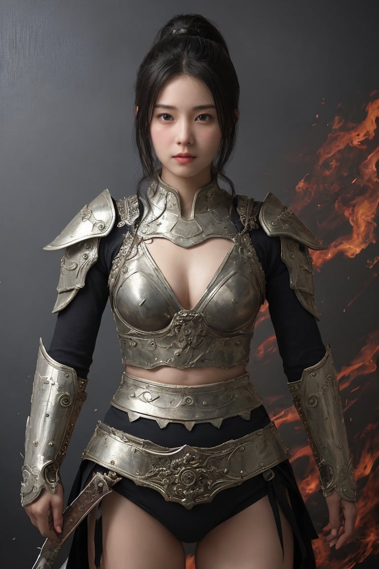 physically-based rendering, portrait, ultra-fine painting, extreme detail description, Akira Kurosawa's movie-style poster features a full-body shot of a 18-year-old European-Japanese girl, embodying the Shinobi of Japan's Warring States Period, An enigmatic female kunoichi, clad in ninja armor , This striking depiction, seemingly bursting with unspoken power, illustrates a fierce and formidable female warrior in the midst of battle. The image, likely a detailed painting, showcases the intensity of the female ninja's gaze and the intricate craftsmanship of his armor. Each intricately depicted detail mesmerizes the viewer, immersing them in the extraordinary skill and artistry captured in this remarkable,Ancient costume