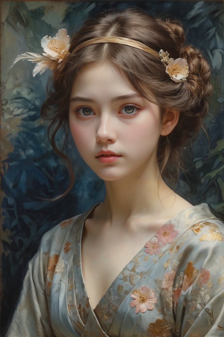 Auguste Renoir ~ Paul Peel ~ John Singer Sargent ~ Alexandre-Jacques Chantron ~ John William Godward ~ John William Waterhouse ~ Han-Wu Shen ~ Ishitaka Amano ~ Chakrapan Posayakrit ~ Kim Jung Gi ~ Kei Mieno ~ Ikushima Hiroshi ~ WLOP ~ William-Adolphe Bouguereau ~ Alphonse Mucha ~Luis Royo ~ Range Murata ~ Jock Sturges photography ~ David Hamillton photography ~ Overexposure Photorealistic high angle half body shot of a full body dystopian princess, 18 years old, zentangle pointillism watercolor, intimidating and imposing, dynamic pose, studio light, diffuse light, Sgraffito, soft pastel touch, overexposure oil painting on canvas style, impressionist, sfumato, chiaroscuro, sanpaku eyes, Grisaille Monochrome underpainting, fauvism, expressionistic portrait of a Japanese animation still, insanely intricate details, extremely sharp focus, whimsical surrealistic dreamscape collage, maximalism, Rembrandt lighting, unique artistic composition, terragen, phi ratio, Fabonacci, Siloa