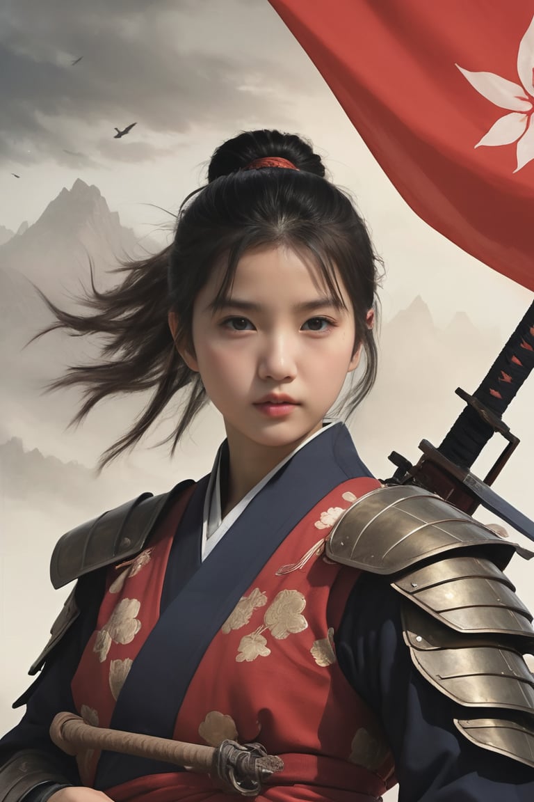 physically-based rendering, portrait, ultra-fine painting, extreme detail description, Akira Kurosawa's movie-style poster features a full-body shot of a 18-year-old European-Japanese girl, embodying the Shinobi of Japan's Warring States Period, An enigmatic female kunoichi, clad in ninja armor , This striking depiction, seemingly bursting with unspoken power, illustrates a fierce and formidable female warrior in the midst of battle. The image, likely a detailed painting, showcases the intensity of the female ninja's gaze and the intricate craftsmanship of his armor. Each intricately depicted detail mesmerizes the viewer, immersing them in the extraordinary skill and artistry captured in this remarkable,Ancient costume