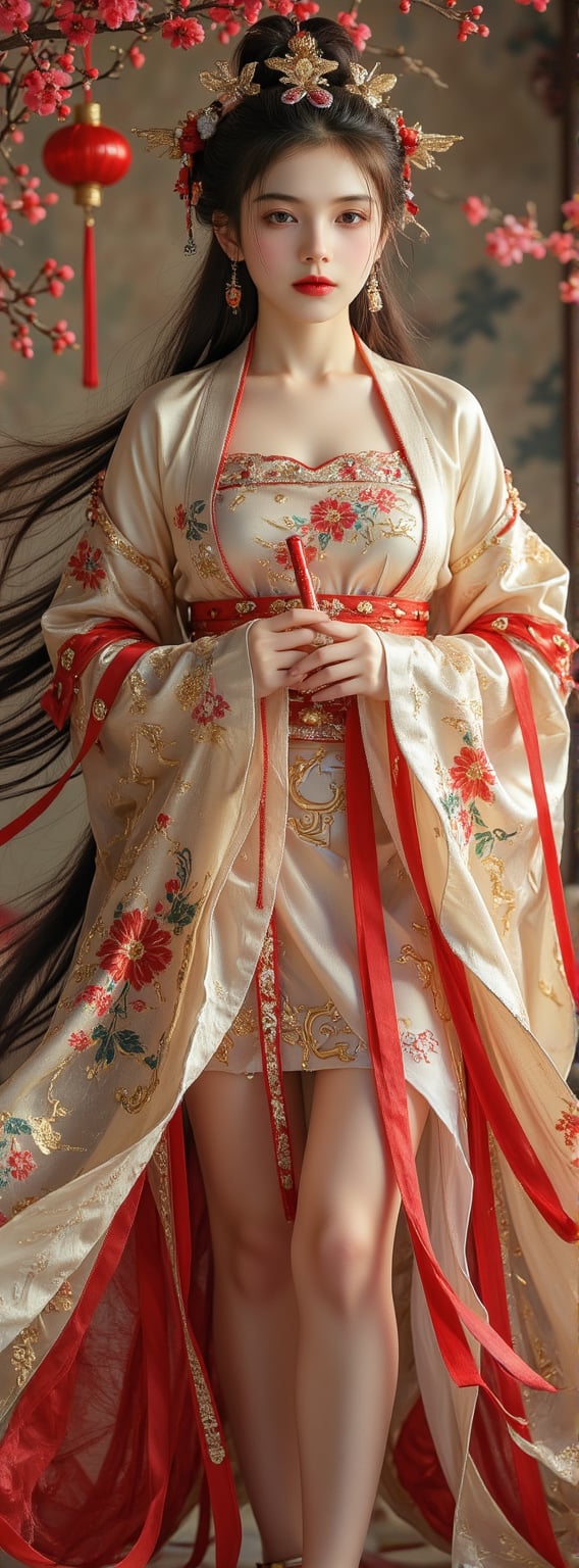 Score_9, score_8_up, score_7_up, score_6_up, A solemn-looking ancient oriental young woman with long flowing hair, perfect figure and perfect legs, wearing golden Hanfu, holding a red flute in both hands, facing the viewer,