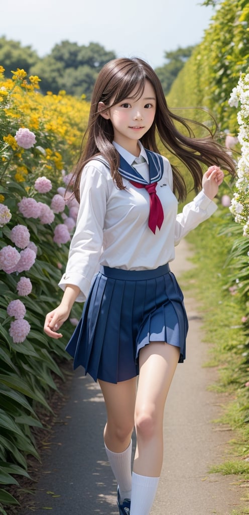 1 French-Japanese  girl, full body, small breasts, looking at viewer, blue eyes, brown hair, holding, standing, japanese serafuku uniform,white background,flower garden,blue and white school uniform,running, wind blown,portrait,AgoonGirl