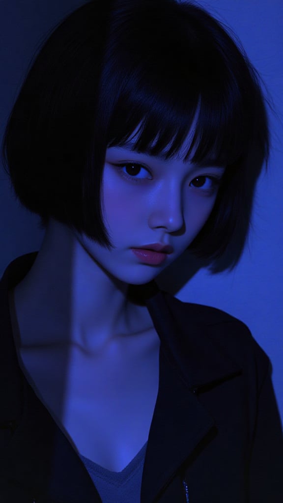 Create an intense,  evocative portrait in the Japanese retro anime style of the 80s and 90s. The scene features a feale ba...