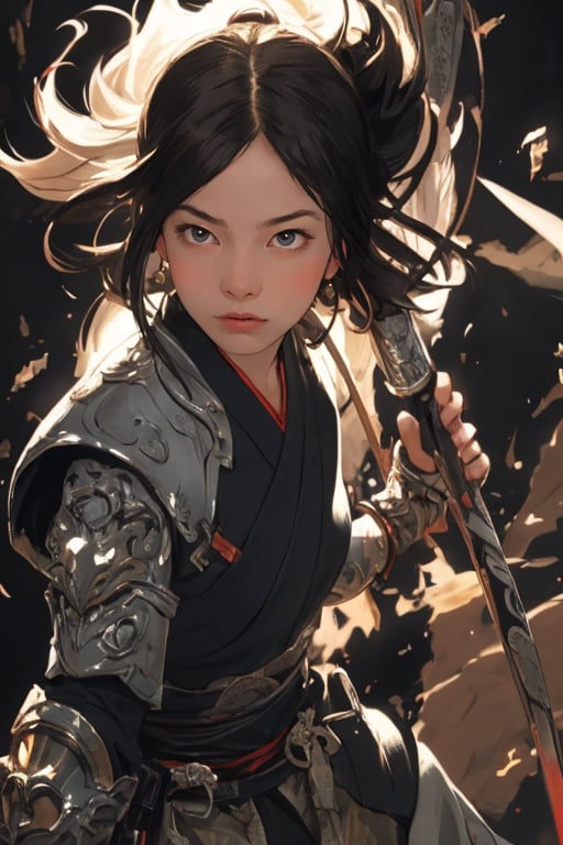 physically-based rendering, portrait, ultra-fine painting, extreme detail description, Akira Kurosawa's movie-style poster features a full-body shot of a super cute 18-year-old European-Japanese girl, embodying the Shinobi of Japan's Warring States Period, An enigmatic female kunoichi, clad in ninja armor , This striking depiction, seemingly bursting with unspoken power, illustrates a fierce and formidable female warrior in the midst of battle. The image, likely a detailed painting, showcases the intensity of the female ninja's gaze and the intricate craftsmanship of his armor. Each intricately depicted detail mesmerizes the viewer, immersing them in the extraordinary skill and artistry captured in this remarkable 