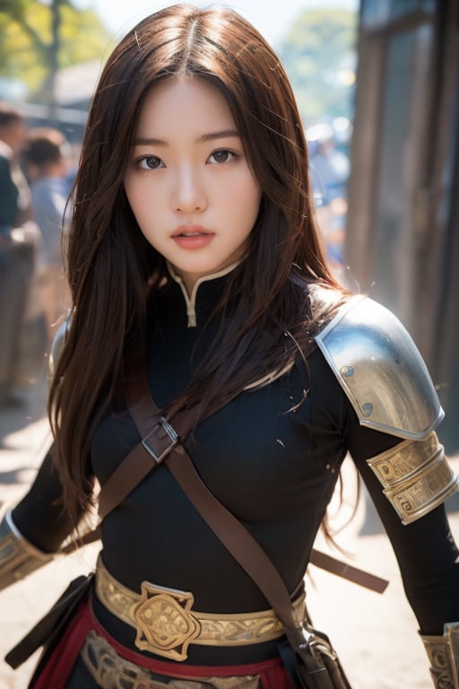 physically-based rendering, portrait, ultra-fine painting, extreme detail description, Akira Kurosawa's movie-style poster features a full-body shot of a super cute 18-year-old European-Japanese girl, embodying the Shinobi of Japan's Warring States Period, An enigmatic female kunoichi, clad in ninja armor , This striking depiction, seemingly bursting with unspoken power, illustrates a fierce and formidable female warrior in the midst of battle. The image, likely a detailed painting, showcases the intensity of the female ninja's gaze and the intricate craftsmanship of his armor. Each intricately depicted detail mesmerizes the viewer, immersing them in the extraordinary skill and artistry captured in this remarkable 