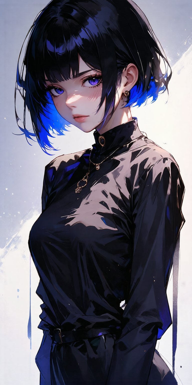 Create an intense,  evocative portrait in the Japanese retro anime style of the 80s and 90s. The scene features a feale ba...