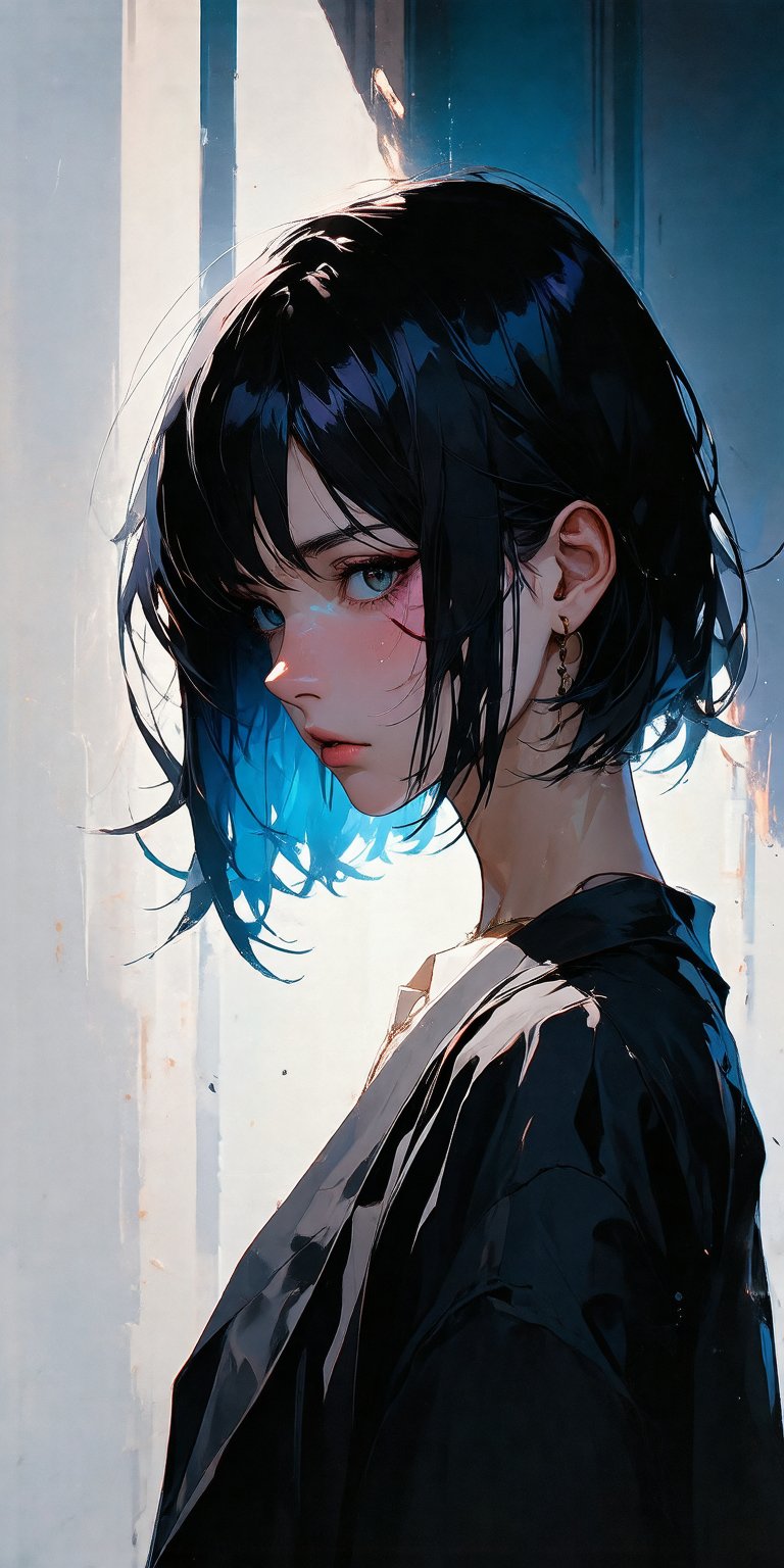 Create an intense,  evocative portrait in the Japanese retro anime style of the 80s and 90s. The scene features a feale ba...