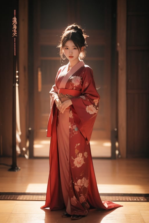 physically-based rendering, portrait, ultra-fine painting, extreme detail description, Akira Kurosawa's movie-style poster features a full-body shot of a super cute 18-year-old European-Japanese girl, embodying the princess of Japan's Warring States Period, An enigmatic female hime, dressed in elegant luxurious kimono, This striking beauty, seemingly bursting with unspoken elegance, illustrates an inccocent and tender female character. The image, likely a detailed painting, showcases the intensity of the princess gaze and the intricate craftsmanship of her kimono. Each intricately depicted detail mesmerizes the viewer, immersing them in the extraordinary skill and artistry captured in this remarkable 