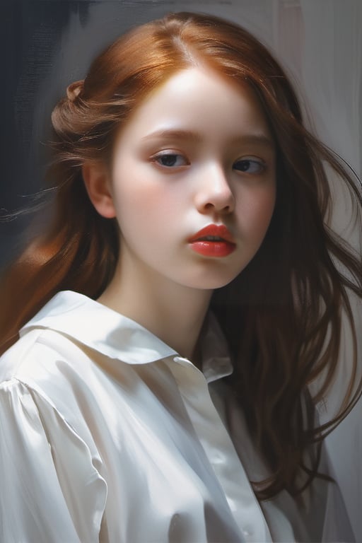 A dark, gritty, realistic sketch of a goth girl, reminiscent of Studio Ghibli's whimsical style. On watercolor paper, bold lines and loose strokes mingle to create a sense of dynamic movement. Natural light casts an ethereal glow on the subject's porcelain skin, inviting touch.

The young, beautiful girl stands with her shoulders slumped, wearing a plain white shirt with a high collar and a black pleated skirt. Her ginger hair falls in soft waves down her back, framing her angelic face. Her blush-stained cheeks betray embarrassment, exhaustion, or perhaps both.

Sharp focus captures the intricate details of her delicate features: plump lips, defined brows, and large, shining eyes that seem to hold a deep kindness. The overall effect is one of tender innocence, making it impossible not to be captivated by this lovely, pure, and adorable young woman.