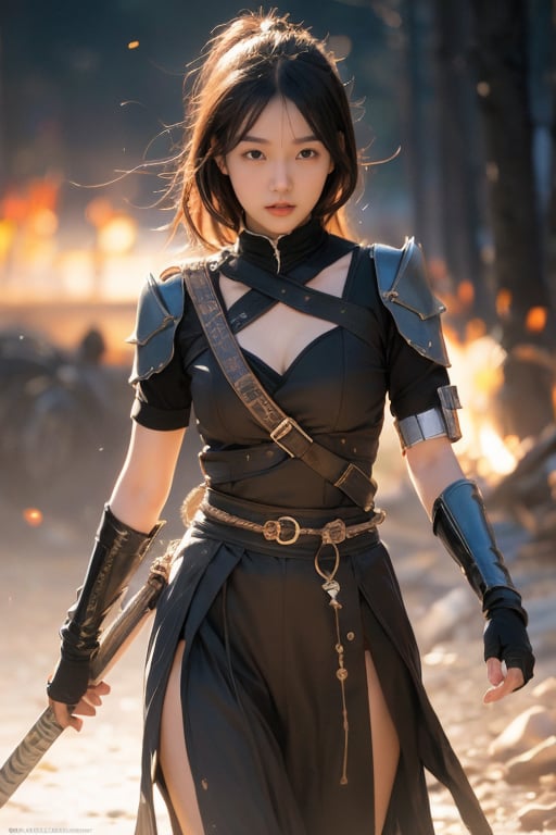 physically-based rendering, portrait, ultra-fine painting, extreme detail description, Akira Kurosawa's movie-style poster features a full-body shot of a super cute 18-year-old European-Japanese girl, embodying the Shinobi of Japan's Warring States Period, An enigmatic female kunoichi, clad in ninja armor , This striking depiction, seemingly bursting with unspoken power, illustrates a fierce and formidable female warrior in the midst of battle. The image, likely a detailed painting, showcases the intensity of the female ninja's gaze and the intricate craftsmanship of his armor. Each intricately depicted detail mesmerizes the viewer, immersing them in the extraordinary skill and artistry captured in this remarkable 