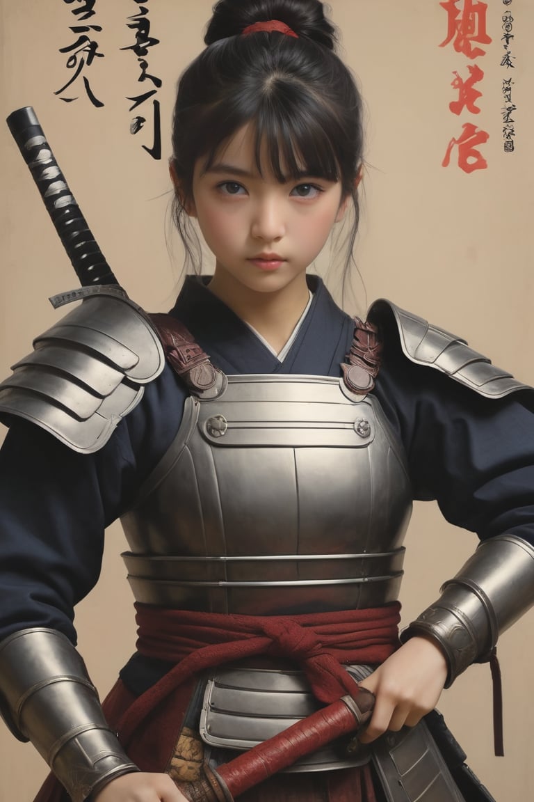 physically-based rendering, portrait, ultra-fine painting, extreme detail description, Akira Kurosawa's movie-style poster features a full-body shot of a 18-year-old European-Japanese girl, embodying the Shinobi of Japan's Warring States Period, An enigmatic female kunoichi, clad in ninja armor , This striking depiction, seemingly bursting with unspoken power, illustrates a fierce and formidable female warrior in the midst of battle. The image, likely a detailed painting, showcases the intensity of the female ninja's gaze and the intricate craftsmanship of his armor. Each intricately depicted detail mesmerizes the viewer, immersing them in the extraordinary skill and artistry captured in this remarkable,Ancient costume