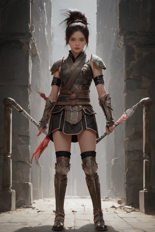 physically-based rendering, portrait, ultra-fine painting, extreme detail description, Akira Kurosawa's movie-style poster features a full-body shot of a super cute 18-year-old European-Japanese girl, embodying the Shinobi of Japan's Warring States Period, An enigmatic female kunoichi, clad in ninja armor , This striking depiction, seemingly bursting with unspoken power, illustrates a fierce and formidable female warrior in the midst of battle. The image, likely a detailed painting, showcases the intensity of the female ninja's gaze and the intricate craftsmanship of his armor. Each intricately depicted detail mesmerizes the viewer, immersing them in the extraordinary skill and artistry captured in this remarkable 